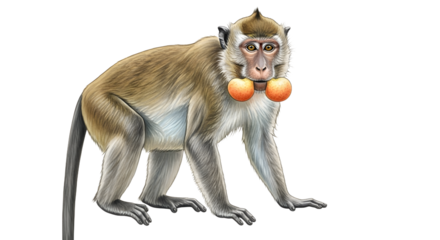 Monkey with orange fruit in its mouth isolated on white background, primate eating fresh orange, wildlife and nature close-up, perfect for educational materials