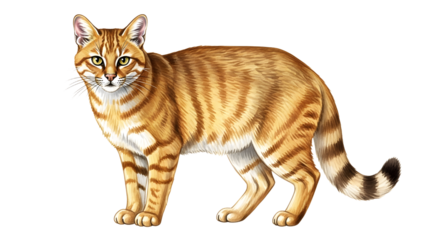 Orange tabby cat with striped fur standing isolated on white background, perfect for pet and animal-related content