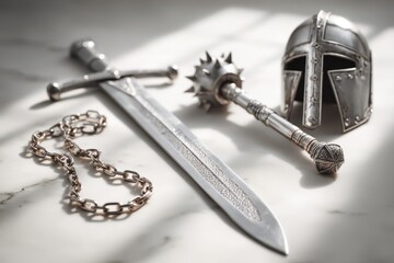 A collection of medieval weaponry: sword, mace, helmet, and chain.
