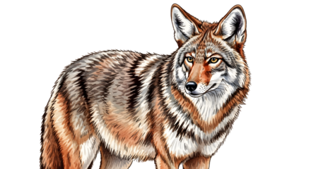 Realistic illustration of a coyote standing isolated on white background, wild animal artwork perfect for educational materials and wildlife projects