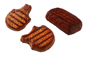 Grilled pork chops and steak ready for barbecue or outdoor summer cooking on transparent background