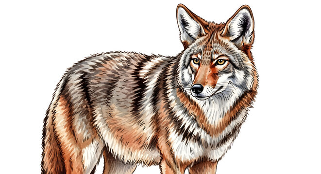 Realistic illustration of a coyote standing isolated on white background, wild animal artwork perfect for educational materials and wildlife projects - Powered by Adobe