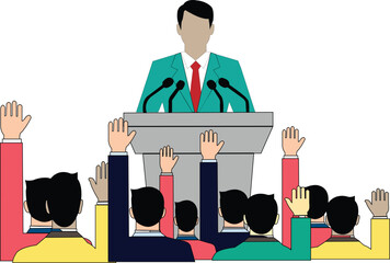 Speaker at Podium with Audience Raising Hands in Agreement or Question vector illustration