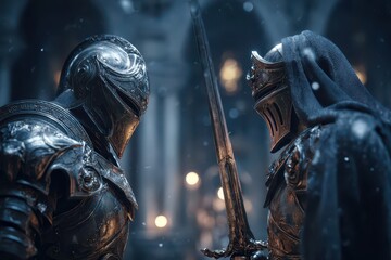 Two intricately detailed armored knights face off with a powerful sword.
