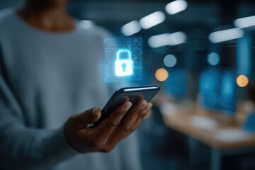 Close-up of smartphone with glowing digital padlock, symbolizing data security.