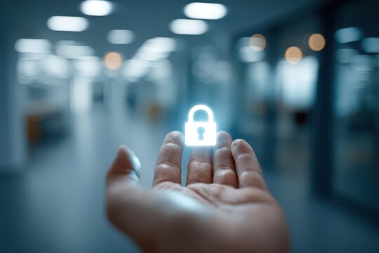 A human hand holds a glowing padlock, symbolizing digital security.