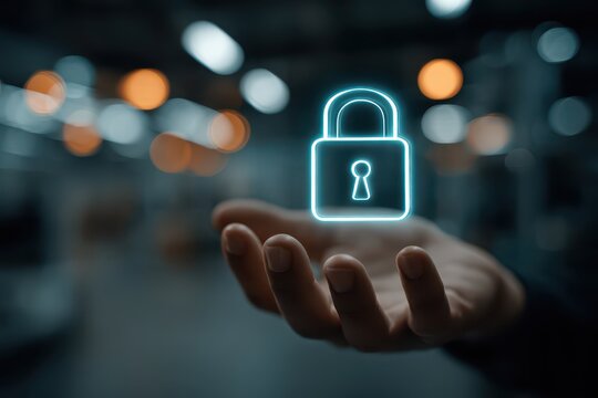 A hand holding a glowing blue padlock icon, symbolizing digital security.