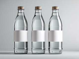 Clear glass bottles filled with water on gray background for product display and advertising. Mockup