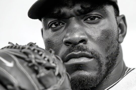 Intense black and white portrait of a focused baseball player with glove. - Powered by Adobe