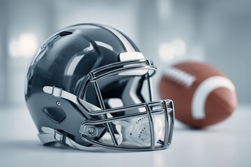 A modern, shiny American football helmet with a blurred ball, symbolizing the sport.