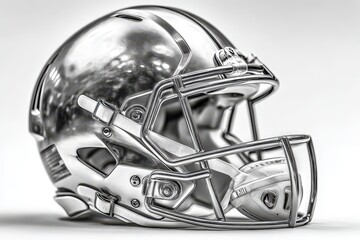 A sleek metallic American football helmet rendered in grayscale on a clean white background.