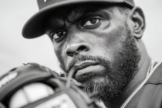 Intense monochrome portrait of a focused African American baseball player.