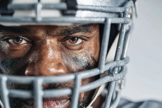 Close-up of a determined African American football player's intense gaze.