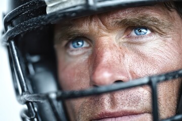Intense close-up of a focused male football player's blue eyes in helmet.