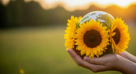 Fototapeta premium Hands holding a globe surrounded by sunflowers at sunset, symbolizing environmental care and hope