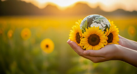 Hands cradling a globe adorned with sunflowers in a vast sunflower field at sunset