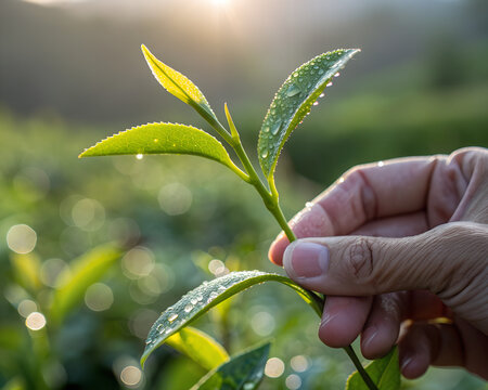 Close up of hand holding fresh tea leaf with water drops in plantation