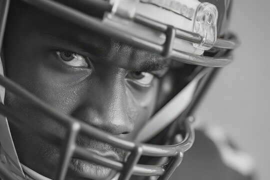 Grayscale close-up portrait of a determined American football player.
