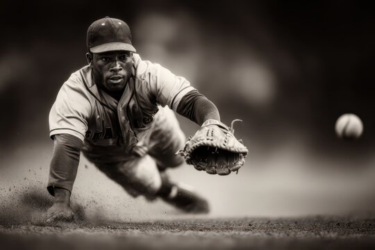 Intense baseball player diving to make a spectacular catch in sepia tone. - Powered by Adobe
