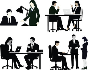Collection of Business Professionals in Meeting and Working Scenarios Keywords: business, office, work, people, men, women, meeting, discussion, laptops