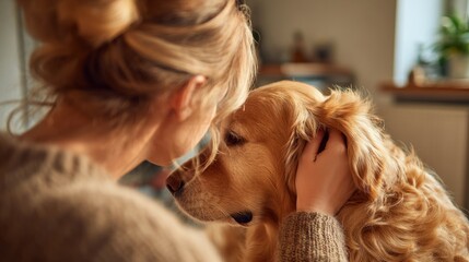 A woman lovingly interacts with her golden retriever sharing a warm moment in a cozy home.