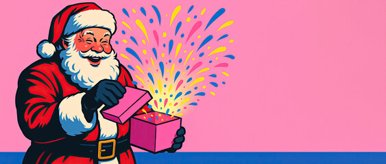 Retro Santa Claus opening colorful exploding gift box