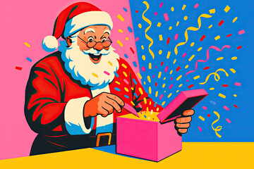 Cartoon Santa Claus opening surprise box with confetti