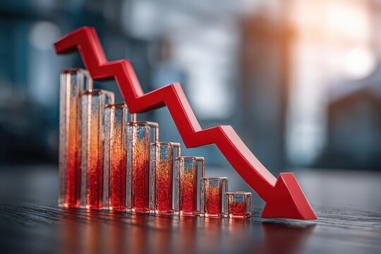 Financial downturn symbolized by a red arrow on a decreasing bar chart.