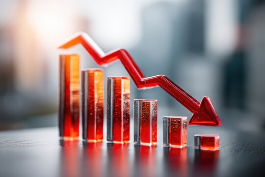 Red downward arrow and bar graph, illustrating severe economic downturn. - Powered by Adobe