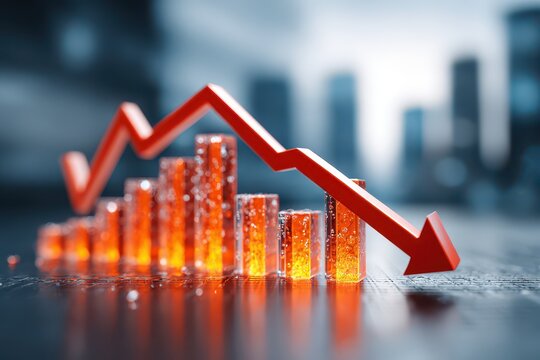Red arrow indicating severe financial decline over a glowing bar chart.