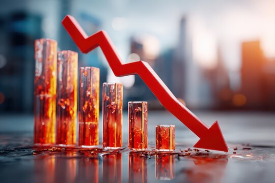 Red arrow indicating sharp financial decline on a melting bar chart. - Powered by Adobe