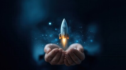 Fototapeta premium Hands Holding a Small Rocket Launching Into Space Surrounded by Stars and Light