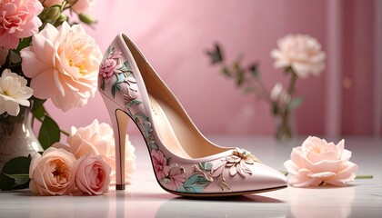 Elegant Pink High Heel Shoe Adorned with Floral Embroidery and Sparkle Accents Resting Among Delicate Roses in Soft Pastel Lighting