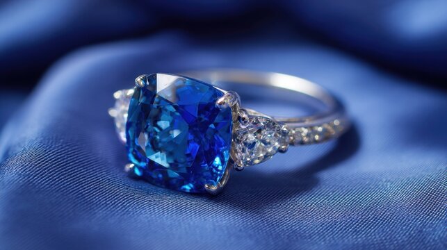 A beautiful blue gemstone ring rests elegantly on smooth blue fabric catching the light perfectly.