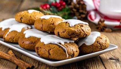 Collection of photos featuring traditional German Lebkuchen, soft gingerbread cookies with honey, nuts, and spices, glazed or chocolate-covered, festive holiday treats from authentic Christmas markets