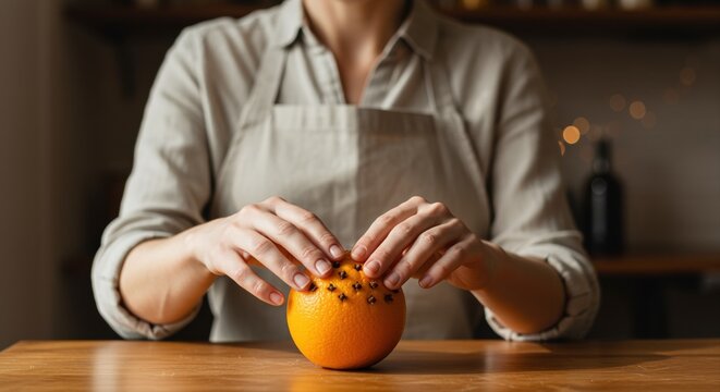 person crafting aromatic orange studded with cloves in cozy kitchen setting
