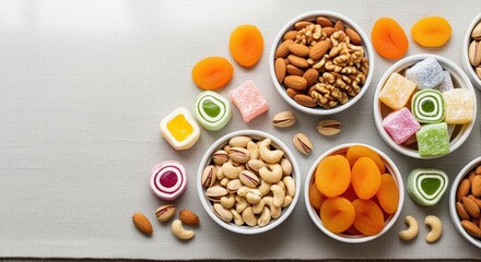 assorted nuts and dried fruits in bowls on a neutral background, healthy snack assortment