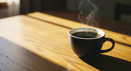 Cup of hot black coffee with steam on wood table