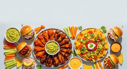 colorful spread of appetizers with wings and nachos at festive gathering on light background