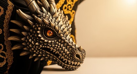 intricately detailed dragon head costume with orange eyes in ornate black and gold setting