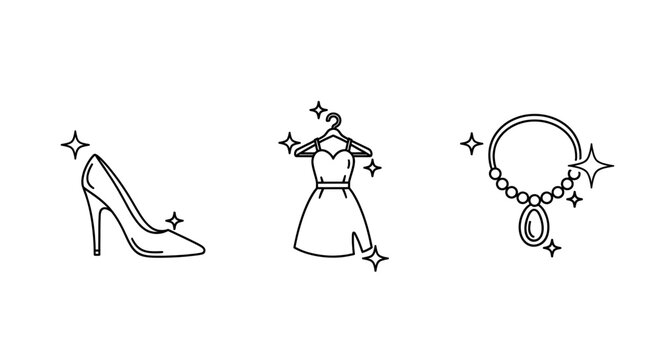 Sparkling fashion icons: elegant shoe, glamorous dress, and dazzling necklace.