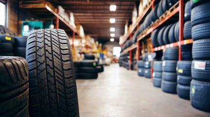 Warehouse aisle stacked with tires, industrial storage for automotive supply.