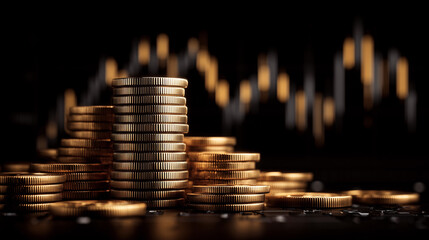Stacked gold coins with blurred stock market chart backdrop, wealth accumulation concept.