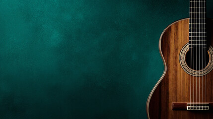 Acoustic guitar body detail against rich teal textured background, musical instrument close-up.