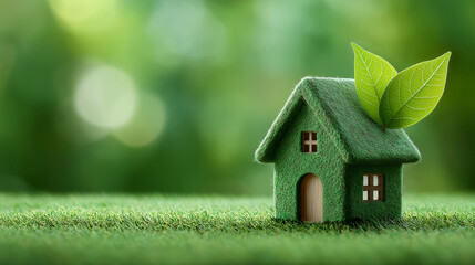 Small eco house model on grass with leaf symbolizing sustainable green architecture.