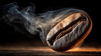 Dramatic close-up of a single roasted coffee bean with curling aromatic smoke