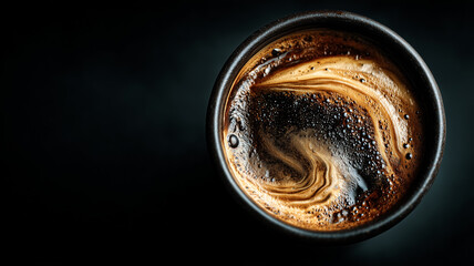Top-down cup of coffee showing dramatic crema swirl against dark background.