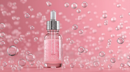 Cosmetic serum bottle among suspended water droplets against soft pink background.