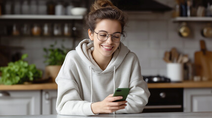 Smiling woman in kitchen checking smartphone, relaxed morning routine and connection.