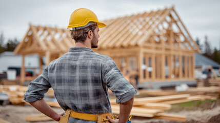 Construction foreman observing wooden house framing progress at sunny building site.
